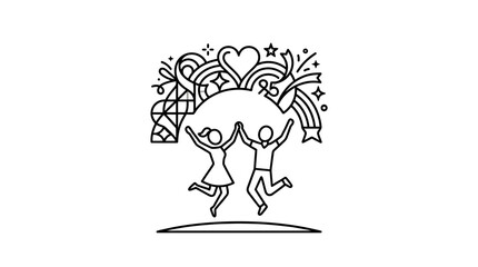 Fototapeta premium Joyful Couple Jumping with Celebration Elements