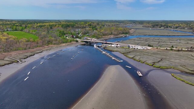 North River near mouth to the Atlantic Ocean aerial view between town of Scituate and Marshfield, Massachusetts MA, USA. 