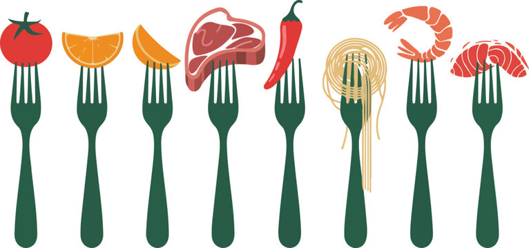 Minimal food fork vector set featuring eight culinary ingredients on dark green utensils in modern horizontal layout illustration