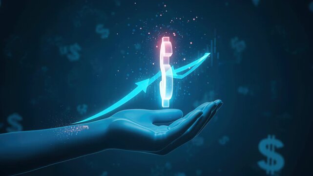 Financial Growth in Hand: A digital illustration depicts a hand cradling a glowing dollar sign with an upward-trending arrow, representing the concept of financial growth and prosperity.