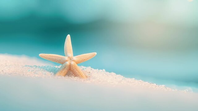 Starfish on Sandy Beach: A serene close-up of a starfish gracefully resting on a bed of pristine white sand, against the backdrop of a soft, azure ocean, creating a tranquil beach scene.