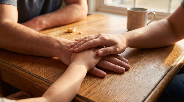Close-up of hands touching on a wooden table, symbolizing family support essential for achieving work life balance.