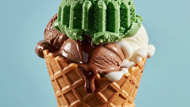 A delicious triple scoop ice cream cone.