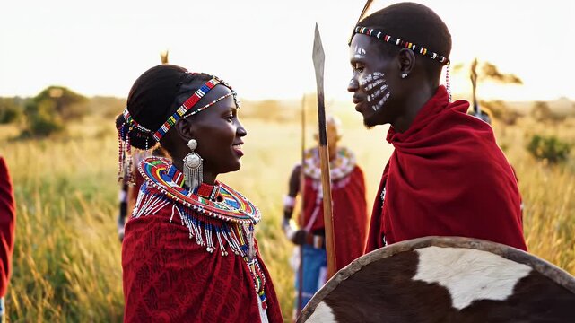 Cinematic Near Close Up of Maasai Couple in Traditional Attire at Sunset With Painted Faces and Colorful Beaded Jewelry