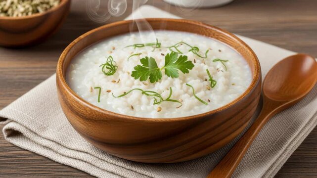 Cozy Congee: A steaming bowl of comforting congee with delicate garnishes sits on a rustic wooden table, offering a taste of simple, wholesome nourishment.