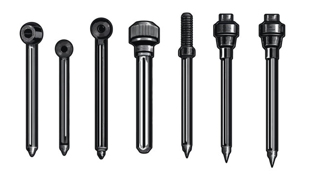 Line art of seven mechanical rods with varied shaped heads and pointed bottoms
