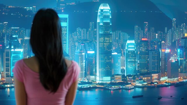 City Lights and Contemplation: A woman gazes out at a stunning cityscape aglow with radiant lights. A moment of peace and wonder.