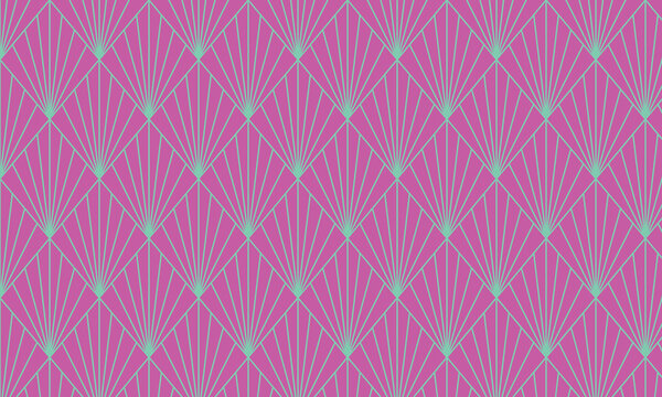 Art Deco fan pattern in pink and teal, a retro geometric design evoking vintage elegance and stylized beauty, perfect for wallpaper or textile