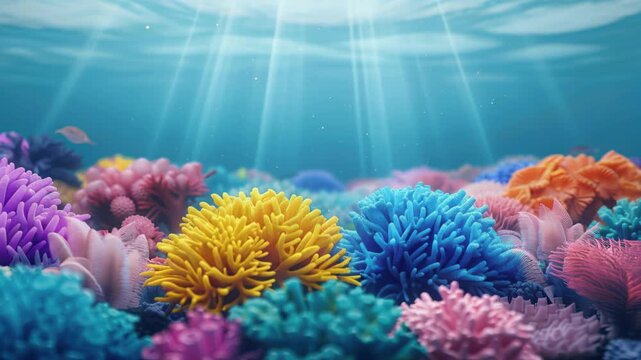 Underwater Coral Paradise: A vibrant ecosystem of diverse coral formations thrives beneath the ocean surface, illuminated by sunbeams. A captivating view into the underwater world.