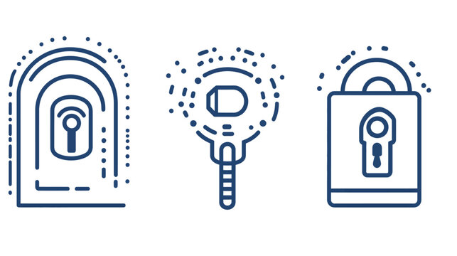 A set of three modern, minimalistic, navy blue line drawings of a key, a lock, and a keypad