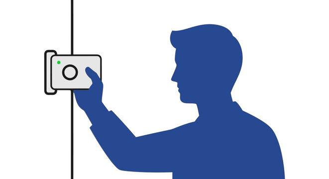 Silhouette of a Man Using a Contactless Access Control Card for Secure Entry into a Building, Minimalist Vector Illustration of Smart Security and Authentication System.
