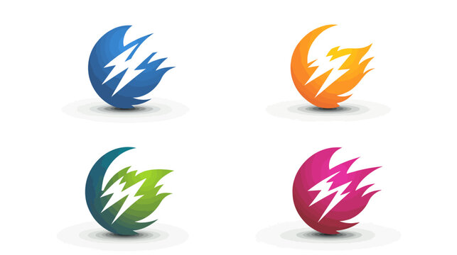 Four stylized globe-like illustrations, each with lightning bolt symbol, rendered in various vibrant colors