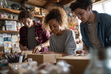 Fototapeta premium Diverse Young Entrepreneurs Packing Sustainable Shipping Boxes in a Creative Workshop