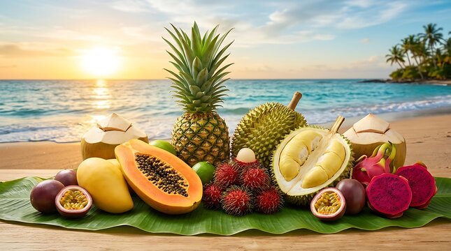Assortmen Buah Tropis Segar nan Eksotis di Pantai Saat Matahari Terbenam