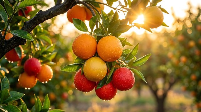 Buah Jeruk Segar warna warni di Dahan Pohon dengan Cahaya Matahari Keemasan