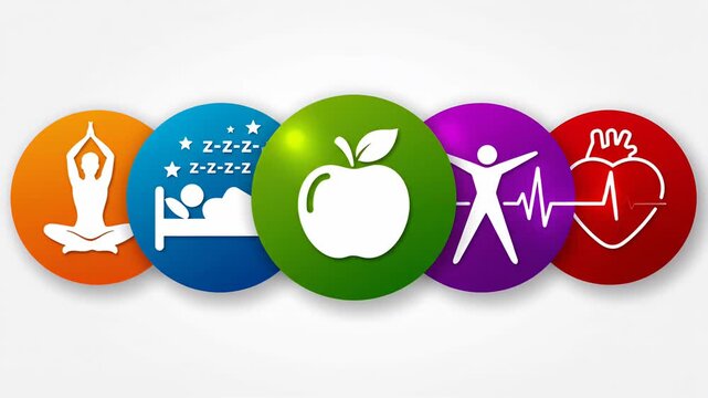Five essential health and wellness lifestyle icons on gray background