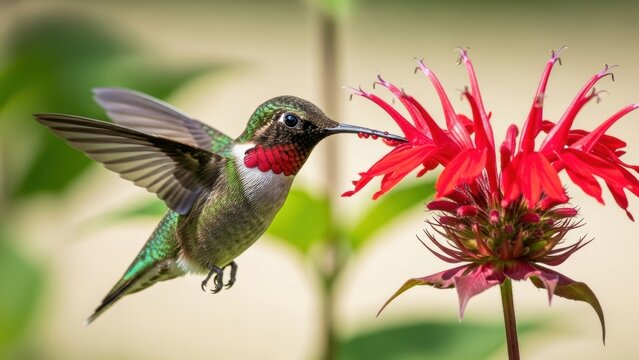 Ruby-throated hummingbird drinking nectar from a red bee balm flower.