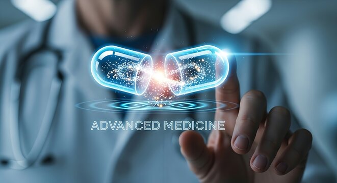 Advanced medicine concept. A healthcare professional's hands touch a holographic pill capsule, which opens to reveal small particles of light, representing advanced treatment.
