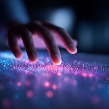 Close-up of a human hand interacting with an abstract glowing holographic data interface on a desk