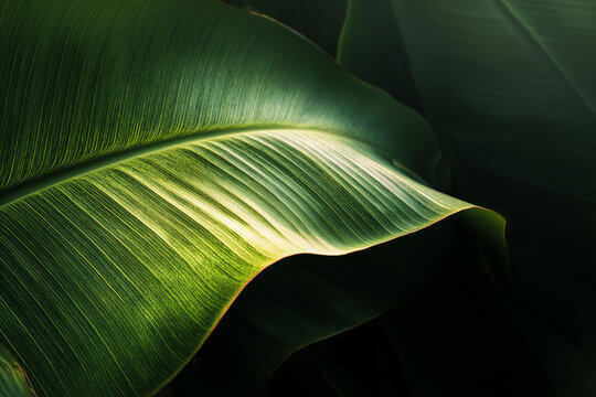 Close up of a large green banana leaf with dramatic sunlight and shadow. Tropical Strelitzia nicolai leaf texture showing fine ribbed patterns for nature, wellness, and interior design