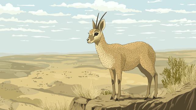 Digitally created illustration of a gazelle-like animal standing on a rocky ledge