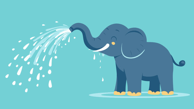 A smiling blue elephant with a raised trunk sprays water on a light blue background