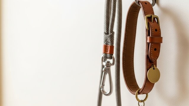 Close-up of a leather dog collar and rope leash hanging against a white wall.