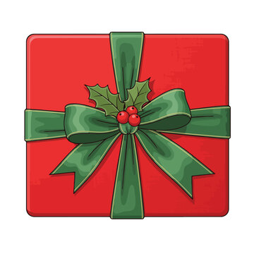 Red Gift Box with Green Ribbon Decoration.