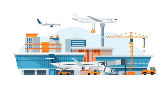 Modern Airport Terminal Vector Illustration with Airplanes, Jet Bridge, and Infrastructure Construction