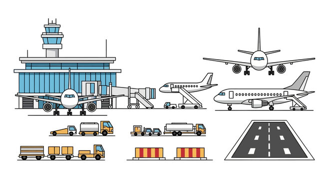Comprehensive Airport Operations and Aviation Service Vector Illustration Set Featuring Airplanes, Terminal Tower, Runway, and Ground Support Equipment