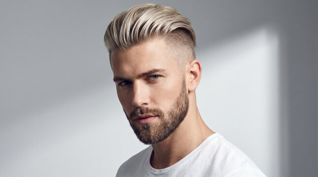 Blond man with fade haircut on white background