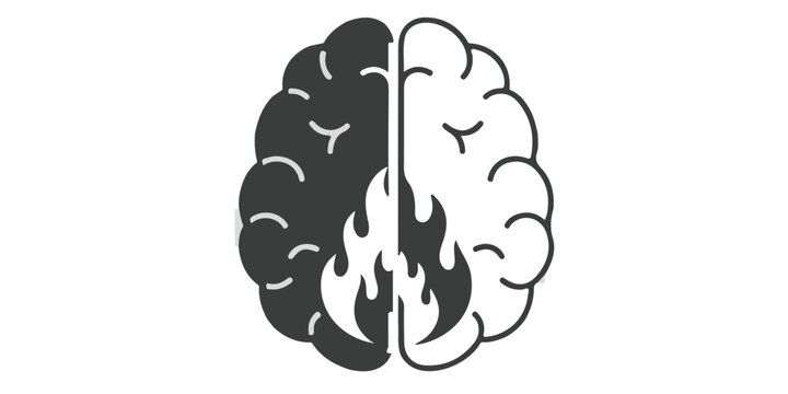 A divided brain illustration depicting contrasting hemispheres with one side in flames