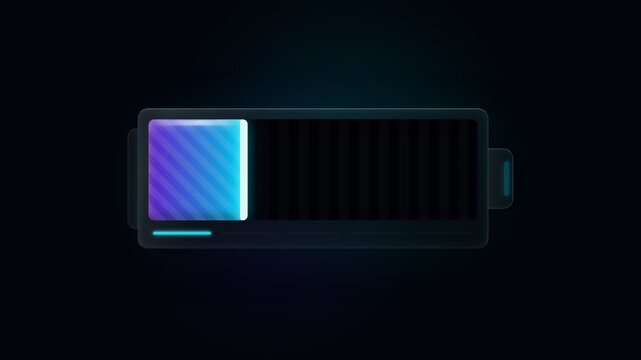 Illuminated battery icon with a low charge level depicted by a partially filled blue and purple glowing gauge, conveying the concept of depleted energy reserves for electronic devices against