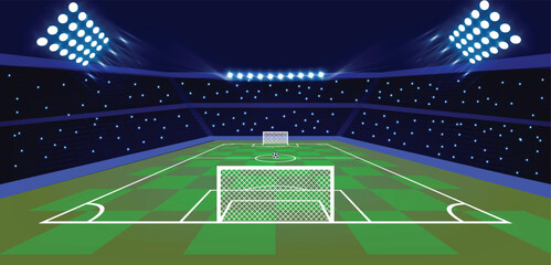 Soccer stadium at night with bright spotlights, dark blue stands with twinkling lights, green soccer field and goalposts, atmosphere for international sports championship competition. © Nusrat