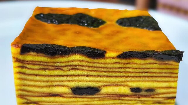 Delicious Homemade Lapis Legit Prune Cake, Traditional Indonesian Layered Butter Cake with Dried Plums, Gourmet Festive Dessert for Religious Holidays like Eid Al-Fitr, Christmas, or Lunar New Year