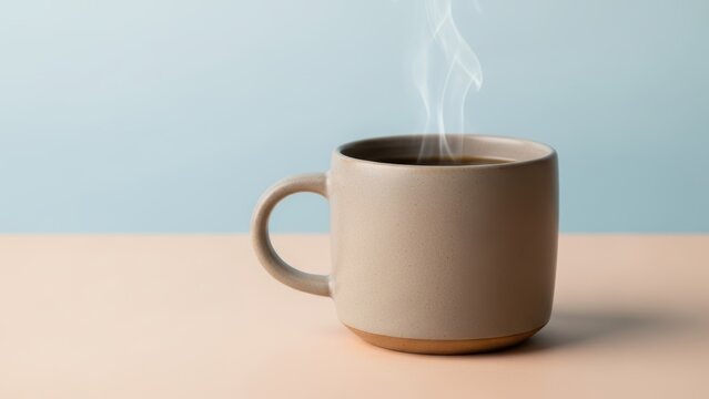 Steaming mug of coffee on a two-toned background.