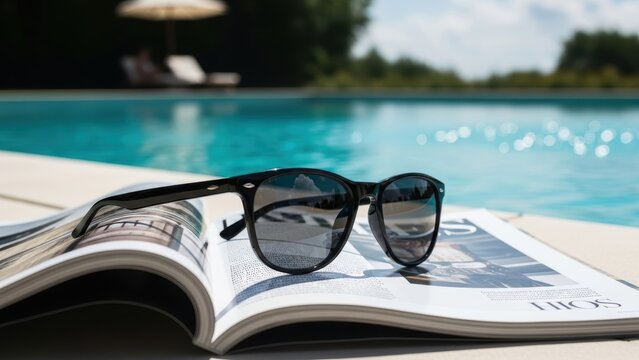 Sunglasses resting on an open magazine by a swimming pool.