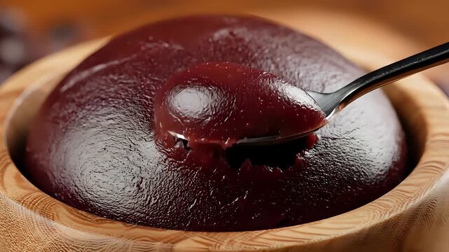 Closeup of a spoonful of rich purple aa pulp in a wooden bowl.