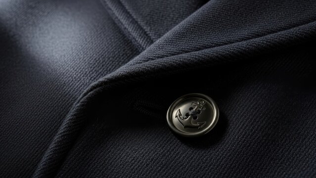 Close-up of a peacoat lapel with an anchor-engraved button.