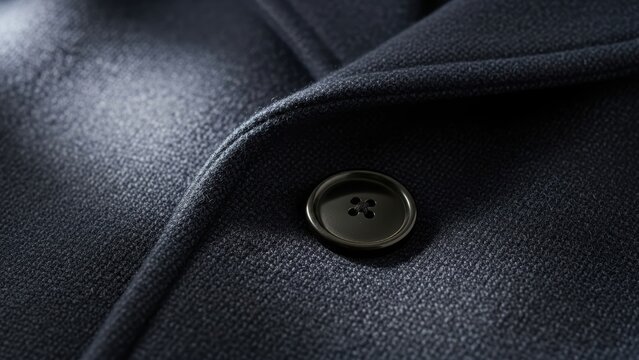 Simple black button on the lapel of a dark blue wool coat.
