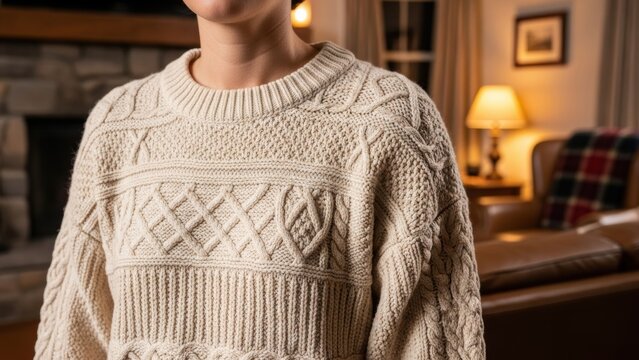 Person wearing a cozy Aran sweater in a warm living room.