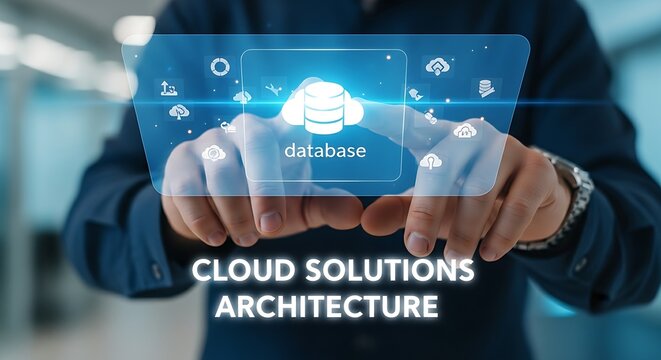 Cloud solution architecture. An architect's hands select a database icon from a simple palette of holographic cloud services.