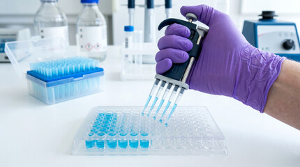 Fototapeta premium Researcher Hand in Protective Glove Operating Multichannel Micropipette for Scientific Experiment in Biotech Lab.