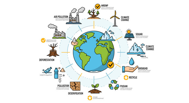 A comprehensive visual representation of environmental issues and solutions surrounding our planet Earth, illustrating the interconnectedness of ecological challenges and sustainable practices.