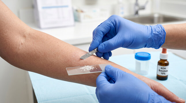 Dermatologist Taking Skin Scraping Sample Using Scalpel for KOH Test Diagnosis of Fungal Infection in Medical Clinic.