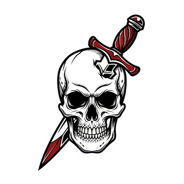Skull with Sword Impaling Head, Tattoo Design, Gothic, Horror, Death Symbol