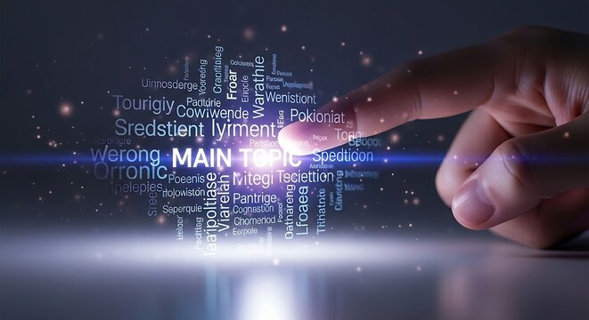 Main topic identification. A close-up of a finger tracing the outline of a holographic word cloud, causing the central term to glow brighter, highlighting the main topic.