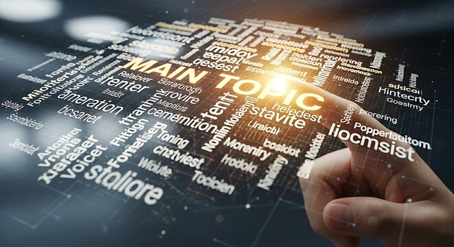Main topic identification. A close-up of a finger tracing the outline of a holographic word cloud, causing the central term to glow brighter, highlighting the main topic.
