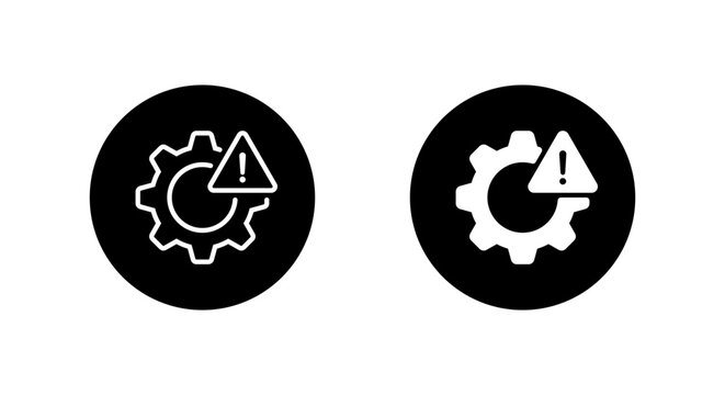 Gear warning icon in black circle. System alert symbol. Mechanical failure and maintenance issue sign