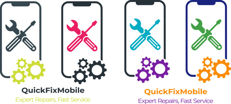 QuickFixMobile smartphone repair logo set with tools and gears, professional mobile phone maintenance service branding icons, colorful cell phone technical support vector graphics for business.